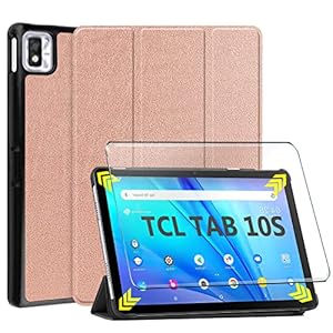 HYMY Hülle für TCL TAB 10S + 1 Pcs Schutzfolie Glass für TCL TAB 10S (10.1″) hülle – Flip Case Cover Schutzhülle Schutzfolie TCL TAB 10S Glass-Rosegold