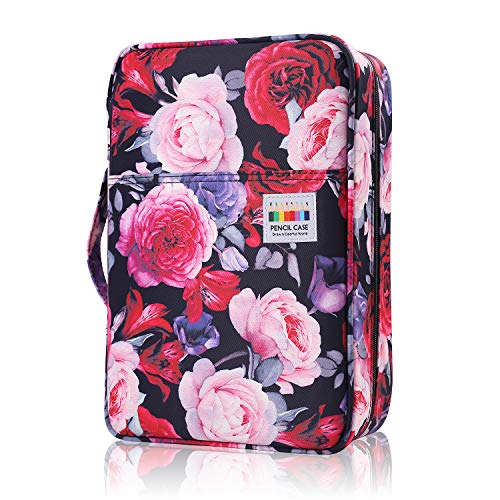 Image of Large Capacity Colored Pencil Case Slot Holds 300 Pencils or 200 Gel Pens with Zipper Closure Nylon Pen Organizer with Handle Strap Pen or Pencil Box for Artis (Red Rose)