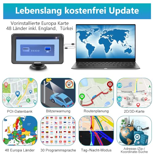 Navigationsgerät mit Rückfahrkamera und Bluetooth-Funktion von AWESAFE