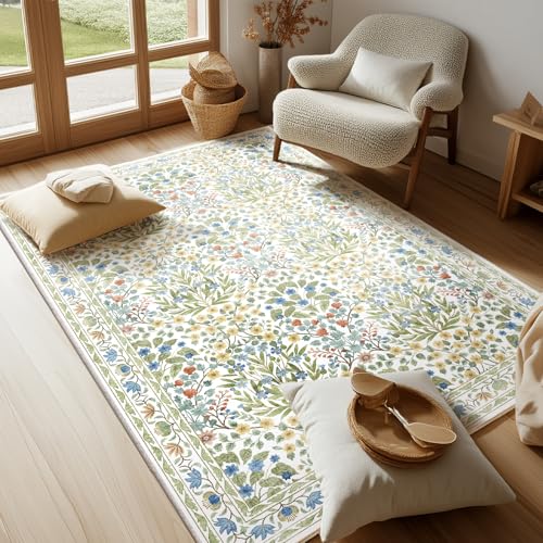 Image of 4x6 Feet Area Rug for Living Room Bedroom, Washable Non-Slip Large Rug, Ultra Soft Stain Resistant, Beige Green Distressed Floral Design