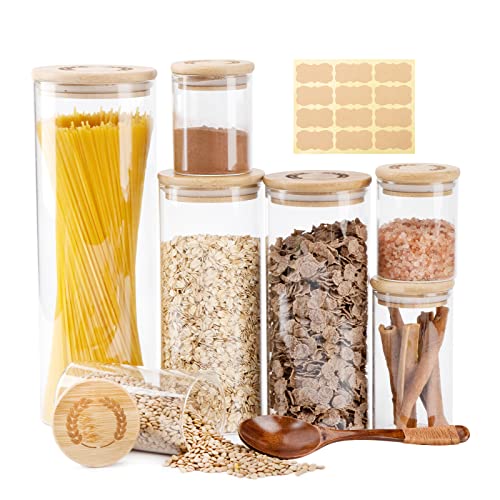 BAZIOE Lot de 7 Pots Bocaux en Verre de Conservation Hermétique Bocal en Verre Borosilicate Boite Rangement Verre avec Couvercle en Silicone avec Gravures pour Conservation des Aliments (7PCS)