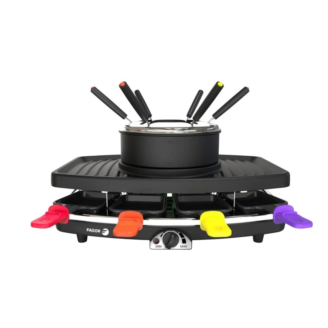 FAGOR FG816 Appareil combiné 3 en 1 raclette + fondue + grill - 1100W - capacité 1,5L - 8 poelons + 6 pics a fondue