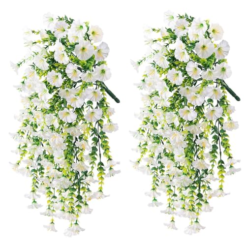 2 Pack Artificial Flowers for Outdoors UV Resistant Fake Morning Glory Vine Hanging Flowers for Porch Garden Fence Decor Weatherproof Silk Flower Garland (White) image 4