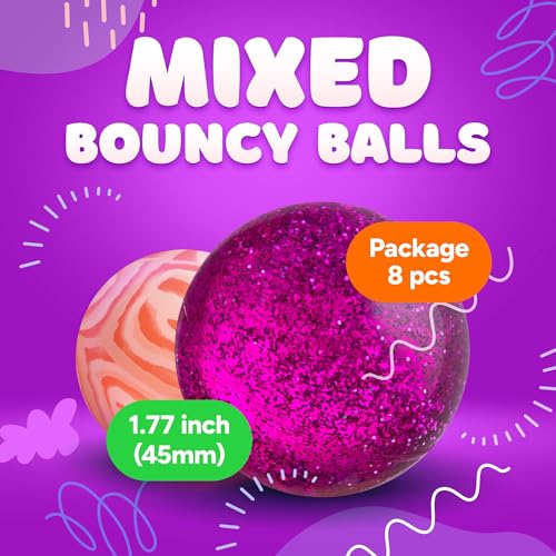 Large Bouncy Balls Assorted Pack 8 psc 1.77 inch 45 mm - Super Ball for Toddlers and Adults Party Favors Pinata Filler Goodie Bags Stuffers for Kids - Treasure Box Toys for Classroom Carnival Prizesf