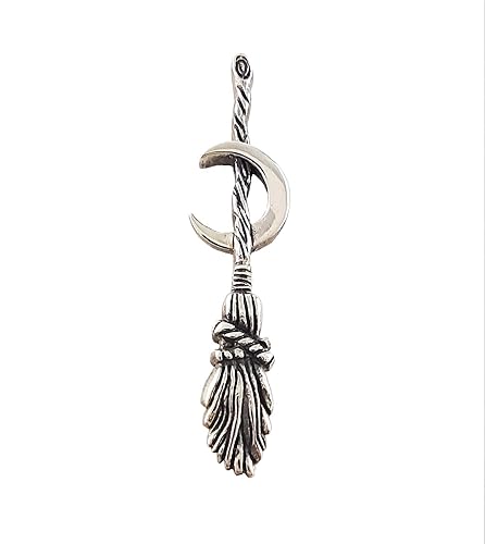 Witch's Broomstick Or Besom With Crescent Moon Pendant, 100% Sterling Silver, Handmade