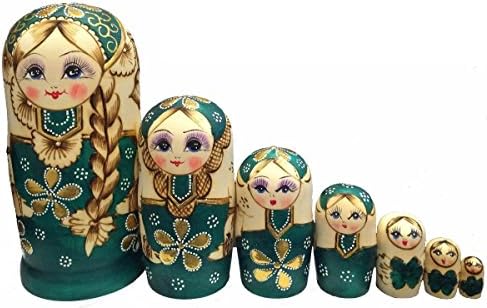 Moonmo 7pcs Cute Green Sweater Braid Girl Russian Nesting Dolls Matryoshka Toys