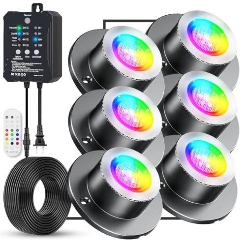 HIBOITEC LED Pond Lights RGBWW Underwater Fountain Light with 12V Timer Transformer Photocell Light Sensor IP68 Waterproof Outdoor Underwater Lights for Outdoor Ponds Garden 6 Head