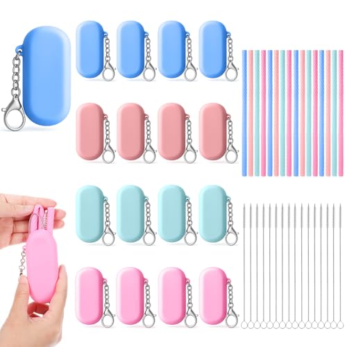 16 Sets Silicone Straws with Case & Cleaning Brush – Reusable, Collapsible, Portable Drinking Straws for Travel, Party, Home (4 Colors: Rose Red, Dark Blue, Light Blue, Pink)