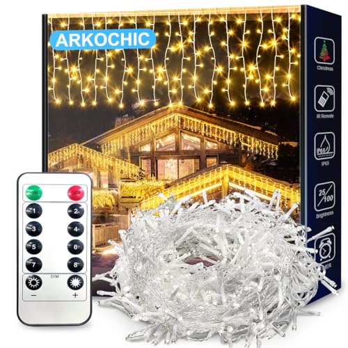 ARKOCHIC 10M Luci Natale Esterno Cascata, 400 LED Tenda Luminosa Bianco Caldo, Luci Natalizie da Esterno con Telecomando, 8 Modalità, Luci Decorazione Natale per Feste, Finestra, Balcone