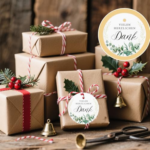 100 Stück Dankesetiketten rund 5 cm mit grünen Blättern – Geschenkanhänger mit Sprüchen & Schnur, Papieranhänger für Geschenkverpackung, Hochzeit, Party, Flaschen & Geschenkboxen
