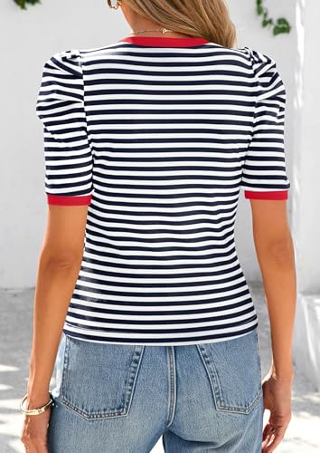 PRETTYGARDEN Women's Summer Puff Sleeve Tops Casual Ribbed Knit Crop Top Color Block Trendy Crewneck Striped Shirts2