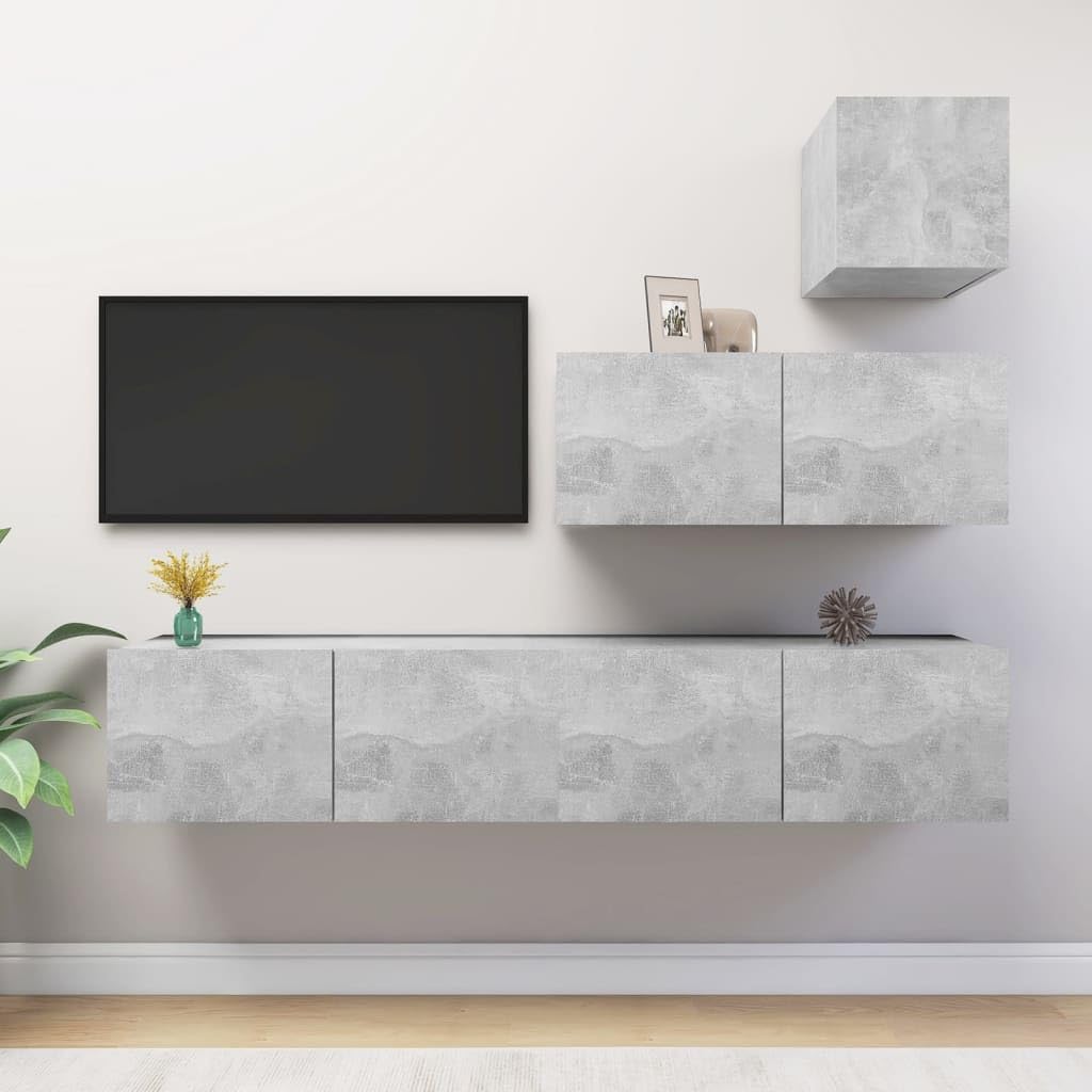 4-TLG. TV-Schrank-Set in Betongrau – Modernes Wand-TV-Board aus Holzwerkstoff, Hängeschrank für Wohnzimmer, Media-Center mit Stauraum-Modulen, Wandmontage