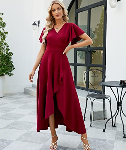 Image of Long Black Formal Dresses for Women Gowns Evening Party Cocktail Dress,Split Elegant V Neck Wrap Ruffle Wedding Guest Dresses