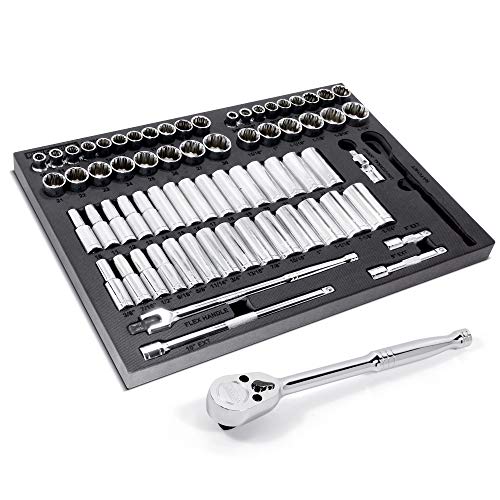 Powerbuilt Master Socket 69 Piece Set, 1/2 Drive, SAE and Metric, 6 and 12 Point, Deep Sockets, Extension Bars, Ratchet - 949006