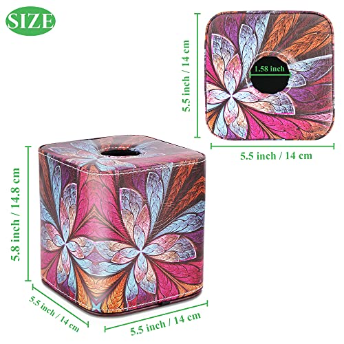 QIELIZI Tissue Box Cover,PU Leather Magnetic Closure Tissues Cube Box Cover for Bathroom Vanity Countertops, Bedroom Dressers, Night Stands, Desks and Tables (Fractal Flower)