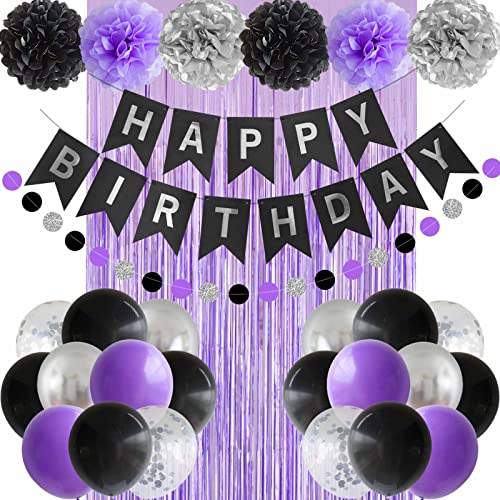 ANSOMO Black Purple Silver Happy Birthday Party Decorations Women Men