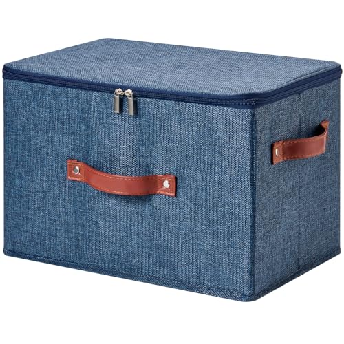 Image of Storage Bin Box with Zippered Lid Cotton Linen Fabric Decorative Basket PU Leather Handles PP Plastic Board Foldable Lidded Clothing Shelf Closet Organizer Container (Denim Blue, Large)
