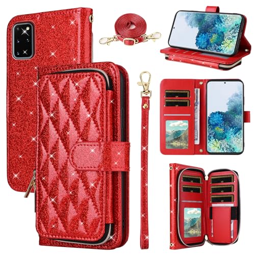 Furill Wallet Case for Samsung Galaxy S20 Plus S20+ 5G with Wrist Strap Crossbody Shoulder Strap Stand Leather Phone Cover with 9+ Card Slots Zipper Purse S20+5G S20plus 20S + S2O S 20 20+ G5 Red - image 1