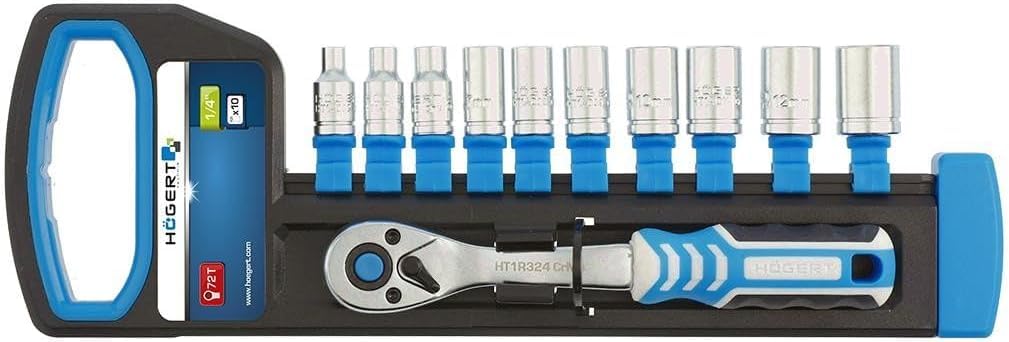 Sockets Set of 11 pcs with Ratchet Handle 1/4"", 72T - HT1R334 Hogert
