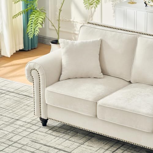 Image of KEIKI 64 inch Oversized Chenille Loveseat Sofa with Rolled Arms and Nailhead Trim, Upholstered Modern Style 2-Seater Couch with High-Density Foam Cushions, Easy Assembly, for Apartment, Living Room, Beige