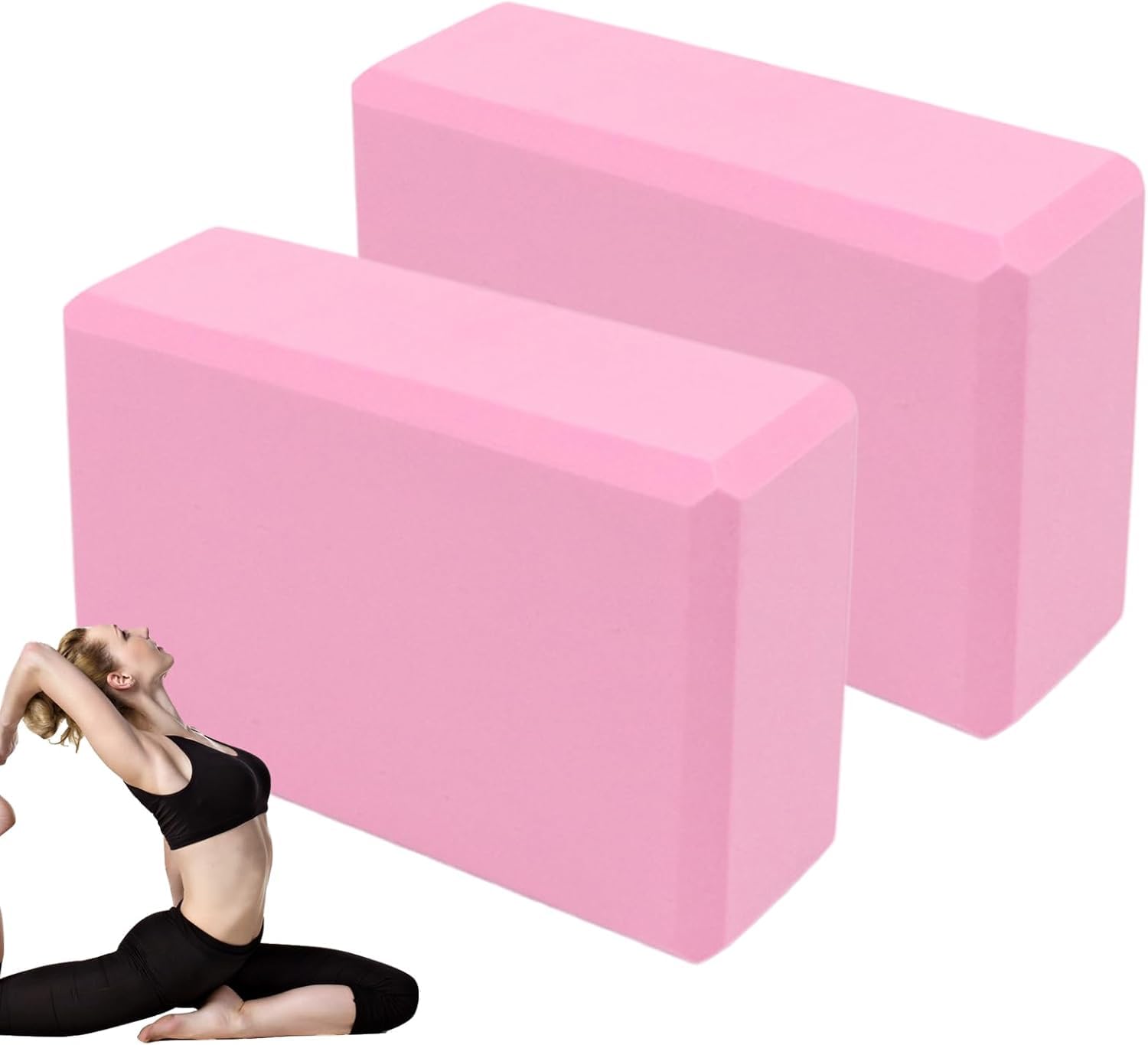 Yoga Blocks Set, 2Pcs Exercise Block with High Density and Non-slip for Improving Strength and Balance and Flexibility, Lightweight Pilates Brick for Fitness (Pink)