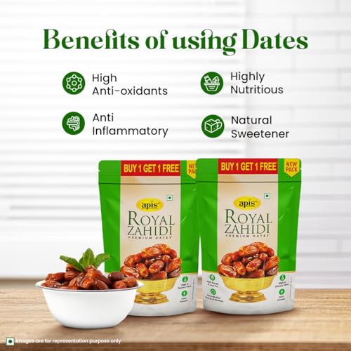 Image of Apis india limited Royal Zahidi Premium Dates 500 G x 2 (Buy 1 Get 1 Free) | Khajoor Dry Fruit & Nuts Natural Sweetener | Healthy & Nutritious Snack | Rich in Fiber & Energy