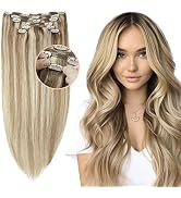 QCURA Clip In Hair Extensions 100% Real Human Hair, Blonde Highlights, 14 inch, 7pcs, Soft & Natu...