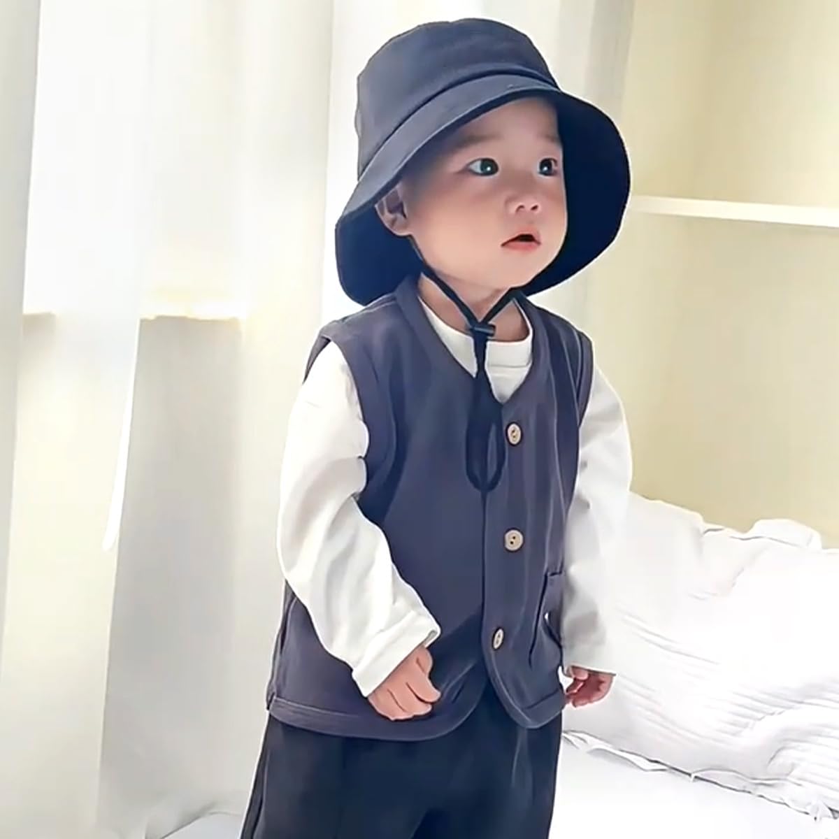 2 Pezzi Gilet Bambino in Cotone, Scollo a V Senza Maniche Tinta Unita Cardigan Bottoni con Tasche, Leggero Morbido e Caldo per Primavera e Autunno 6 Mesi-4 Anni