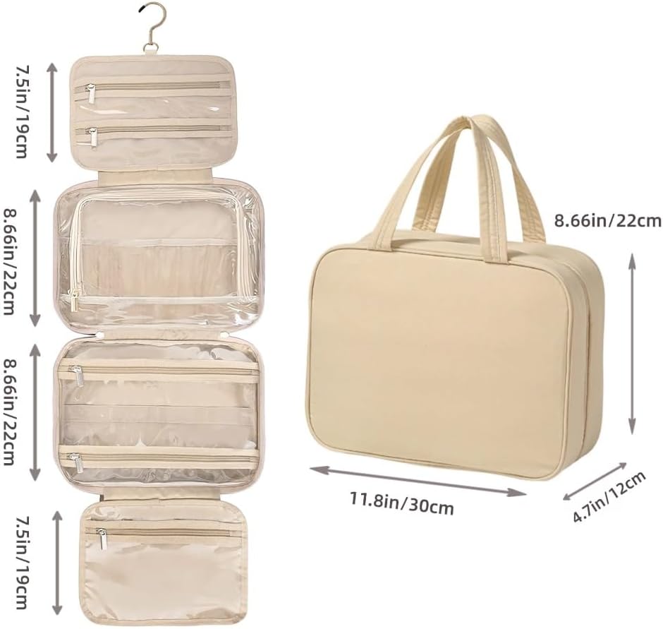 Portable Toiletry Bag for Women; Hanging Travel Organizer Bag; Essential Travel Cosmetic Bags with 4 Compartments 12 * 9 * 5 Inches Beige - Image 2