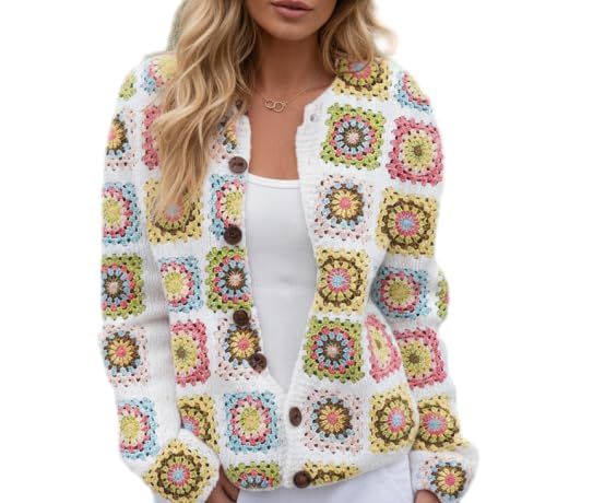Womens Vintage Printed Knit Cardigan Sweater Button Down Fall Loose Fit Crewneck Casual Retro Floral Tops for Women