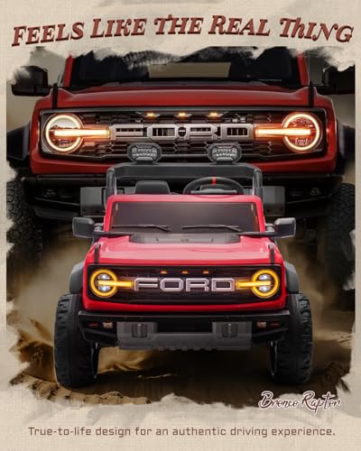 Image of First Ride On Ford Bronco 24V Ride on Toys for Boys & Girls, 2 Seater Kids Electric Car with Remote Control, Kids Ride on Truck with Rear Wheels Suspension, Led Lights, Safety Belt (24V, Red)