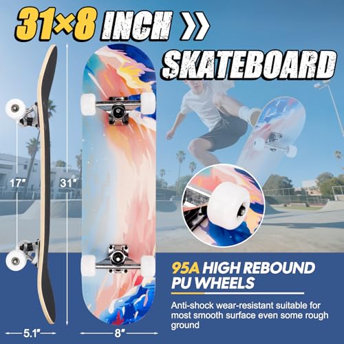 Image of Skateboards for Beginners Adults Youths Teens Kids Girls Boys 31 Inch Pro Complete Skate Boards 7 Layer Canadian Maple Double Kick Concave Longboards