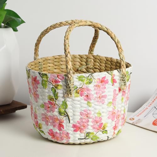 Image of Habere India-All the Cultures Fabricating India Handmade Gift Hamper Baskets | Cane Round Hamper | Fruit Baskets | Bamboo Organiser Basket | Jute Round Storage Basket - Multi (Design13 - D21xH29 cm)