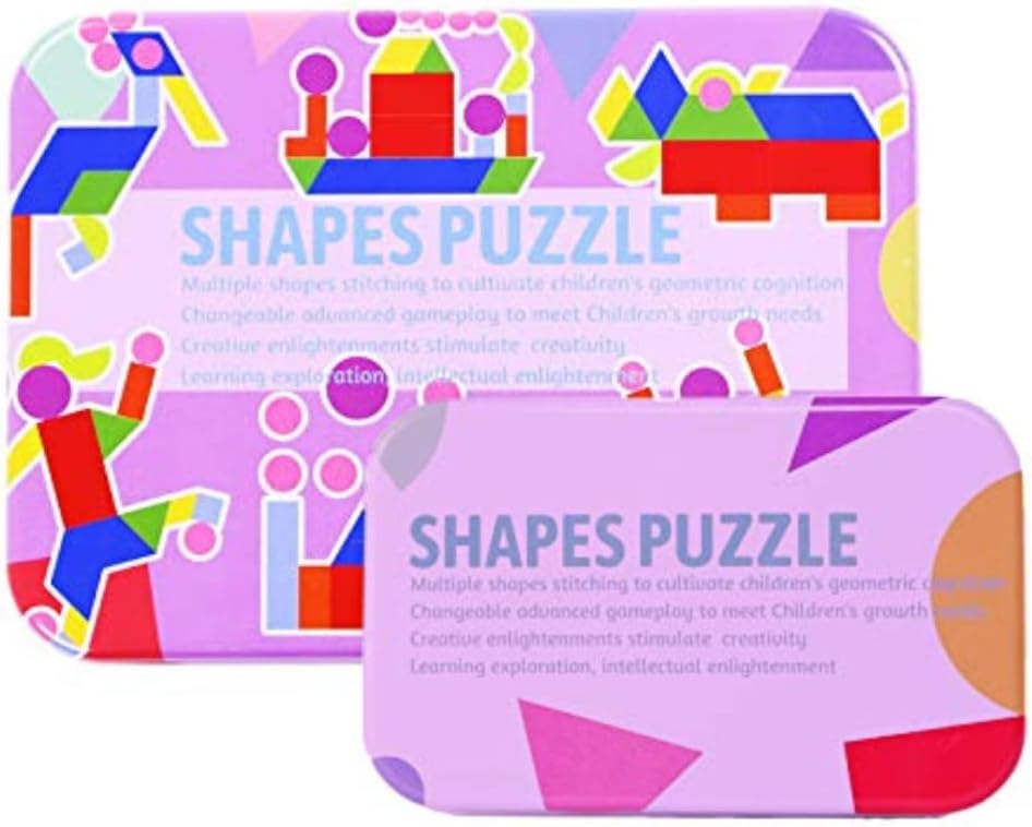 Kidology Wooden Pattern Blocks Jigsaw Puzzle|Sorting and Stacking Games Kids|Montessori Educational Toys for Toddlers Boys Girls 3+Y Old Classroom (34 Shape Pieces&60 Design Cards in Purple Iron Box)
