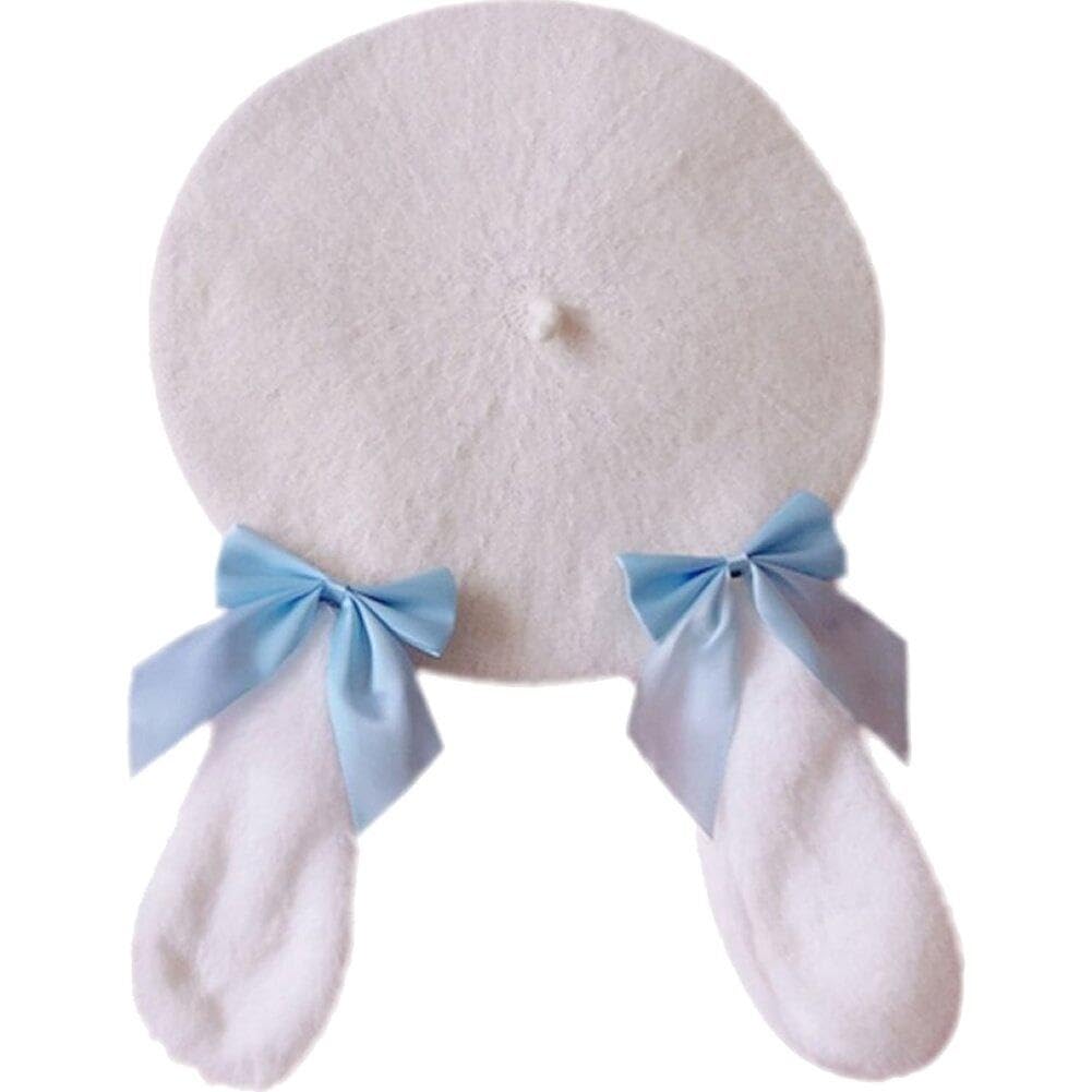 Lpitoy Women's White Cute Plush Rabbit Ears Beret Hat Girl Beanie Beret Hat Warm Winter Bonnets Lolita Sweet Beret Hats