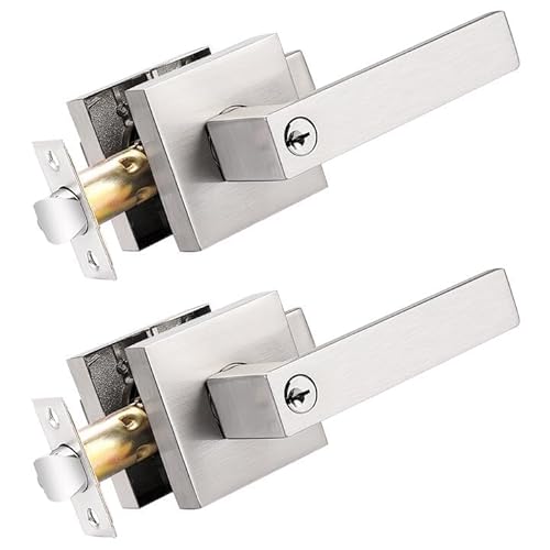 Probrico Keyed Alike Door Levers Entrance Locksets, Heavy Duty Entry Door Handles in Satin Nickel Finish, Square Modern Keyed Lockset for Exterior Interior Doors, 2 Pack - Image 2