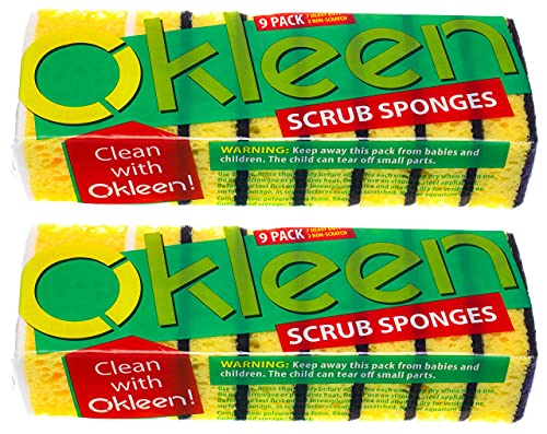 Image of Yellow Multi Use Scrub Sponge. Made in Europe. Large Pack of 18. 4.3x2.8x1.4 inches. Black Heavy Duty & White Non Scratch Fiber. Best Odorless & Durable Professional Scrubber for Commercial Use