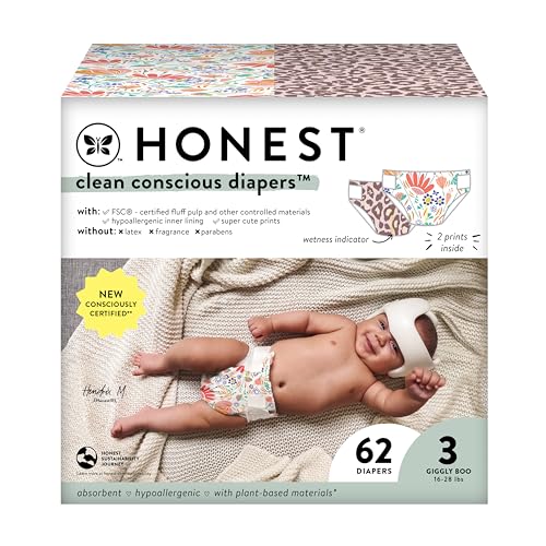Image of The Honest Company Clean Conscious Diapers | Plant-Based, Sustainable | Wild Thang + Flower Power | Club Box, Size 3 (16-28 lbs), 62 Count