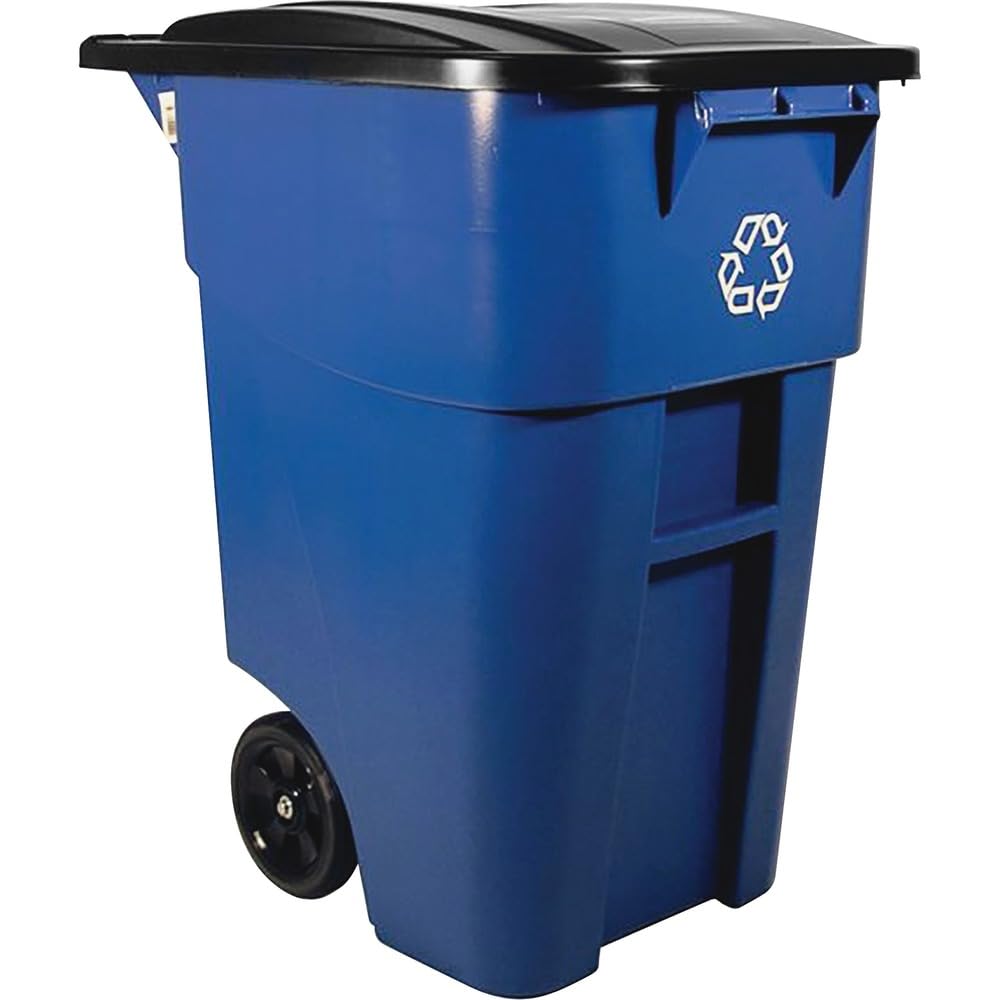 Rubbermaid Commercial Products BRUTE Rollout Heavy-Duty Wheeled Recycling Can/Bin, 50-Gallon, Blue Recycling, for Restaurants/Hospitals/Offices/Warehouses/Garage, Pack of 2