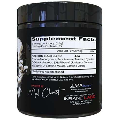 Image of Insane Labz Psychotic Black Edition Mid Stimulant Pre Workout Powder, Energy Focus Pumps, Loaded with Creatine Beta Alanine Taurine Fueled by AMPiberry, 35 Servings (Fruit Punch)