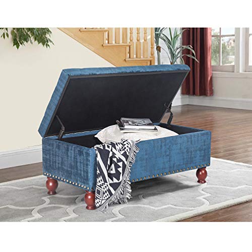 Asense Linen Fabric Rectangle Tufted Lift Top Storage Ottoman Bench, Footstool with Solid Wood Legs Upholstered Storage Bench (Dark Steelblue)
