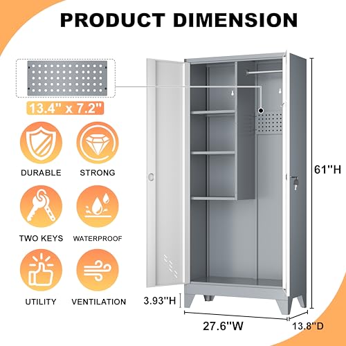 Image of Broom Closet Storage Cabinet, Metal Garage Storage Cabinet with 2 Doors & Pegboard, 61 inch Utility Cabinet with Hanging Rod, Tool Cabinet for Garage, Laundry Room, Home Office, White-Gray