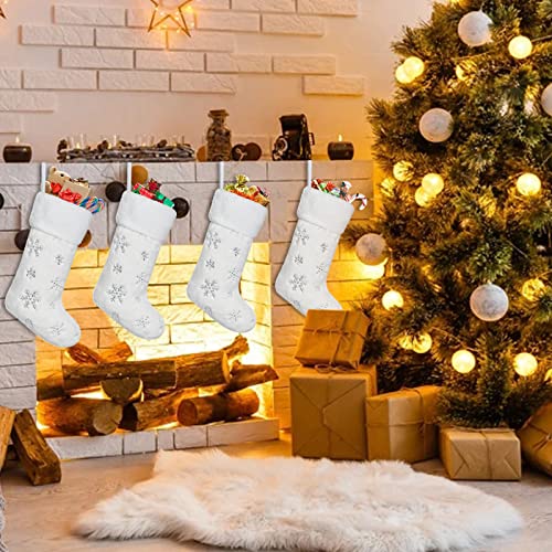 Dremisland 4 Pack Christmas Stockings - 20 Inch Cream White Faux Fur Xmas Stockings With Silver Sequin Snowflakes Super Soft Thick Plush Xmas Stockings For Christmas Decoration Holiday Decor (Sliver) #TOP1