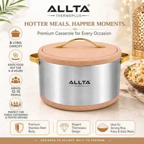 Image of ALLTA Elegant Stainless Steel Casserole 6 Litre | Premium Insulated Hot Pot with Leather-Finish Lid & Gold Handles | Keeps Food Hot 6-8 Hours | Serves 12-15 | Festive & Gifting Casserole (6000ml)