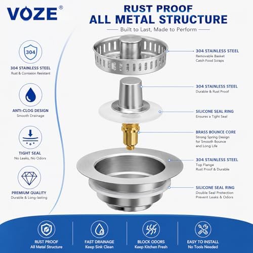 3-in-1 Kitchen Sink Drain Strainer & Stopper with Basket, Stainless Steel Drain Plug Cover Catcher for Food Waste - Sink Accessories for Home or Kitchen Sink Shroom Fit US Standard 3-1/2'' Drain Hole — view 6
