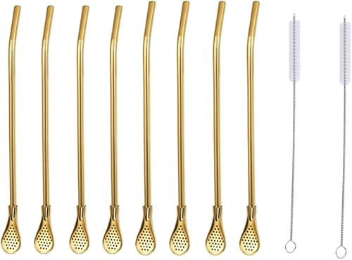Pajitas reutilizables, 8 pajitas de yerba mate de acero inoxidable dorado con cuchara de filtro movible