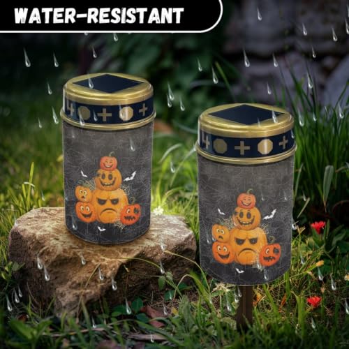 Image of Halloween Solar Memorial Lights for Graves 2 Pcs | Water Resistant Outdoor Flameless Candle Lamp, Stacked Pumpkin Grave Solar Lights for Grave Memorial Gift