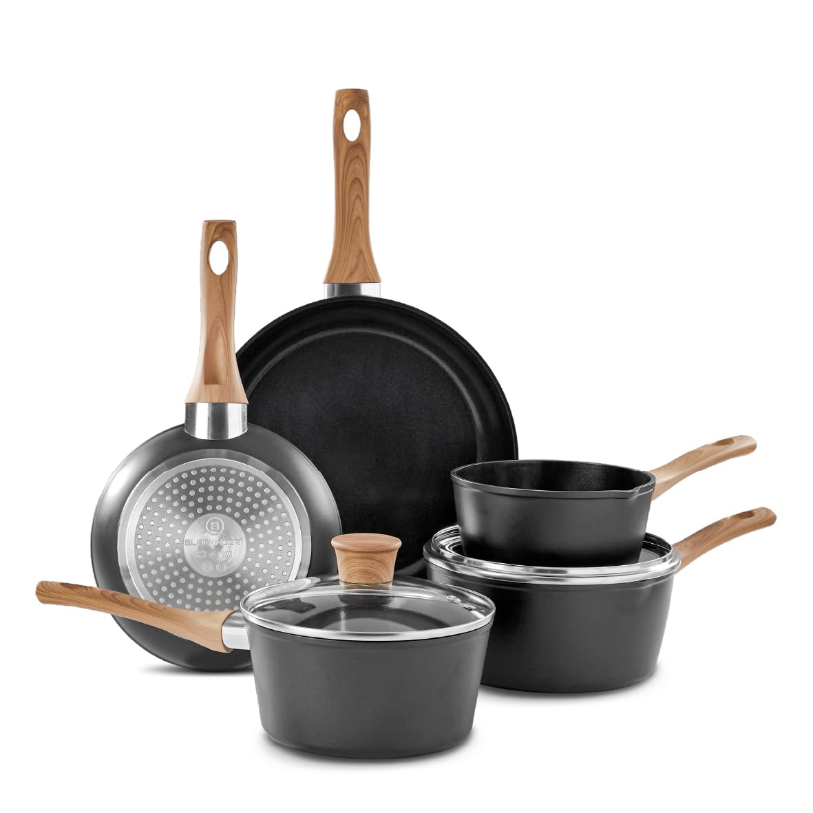 Blackmoor 5-częściowy zestaw patelni / nieprzywierające garnki i patelnie pokryte ceramiką / zestaw garnków i naczyń do smażenia bez PFAS, z uchwytami z efektem drewna, nadaje się do wszystkich