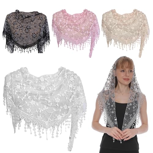 NIDONE 4 PCS MANTILLA VELOS TRIÁNICO CATÓLICO Cubierta de cabeza de encaje floral Bufanda con Tassel Chapel Velo decorativo Católico para mujeres Boda de boda de en masa