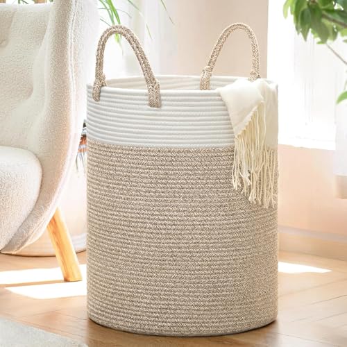 Image of INDRESSME Tall Wicker Laundry Basket, Large Woven Clothes Hamper for Bedroom, Bathroom, Living room, Tall Nursery Hamper for Blankets, Toys, 16 x 20 inches White & Brown